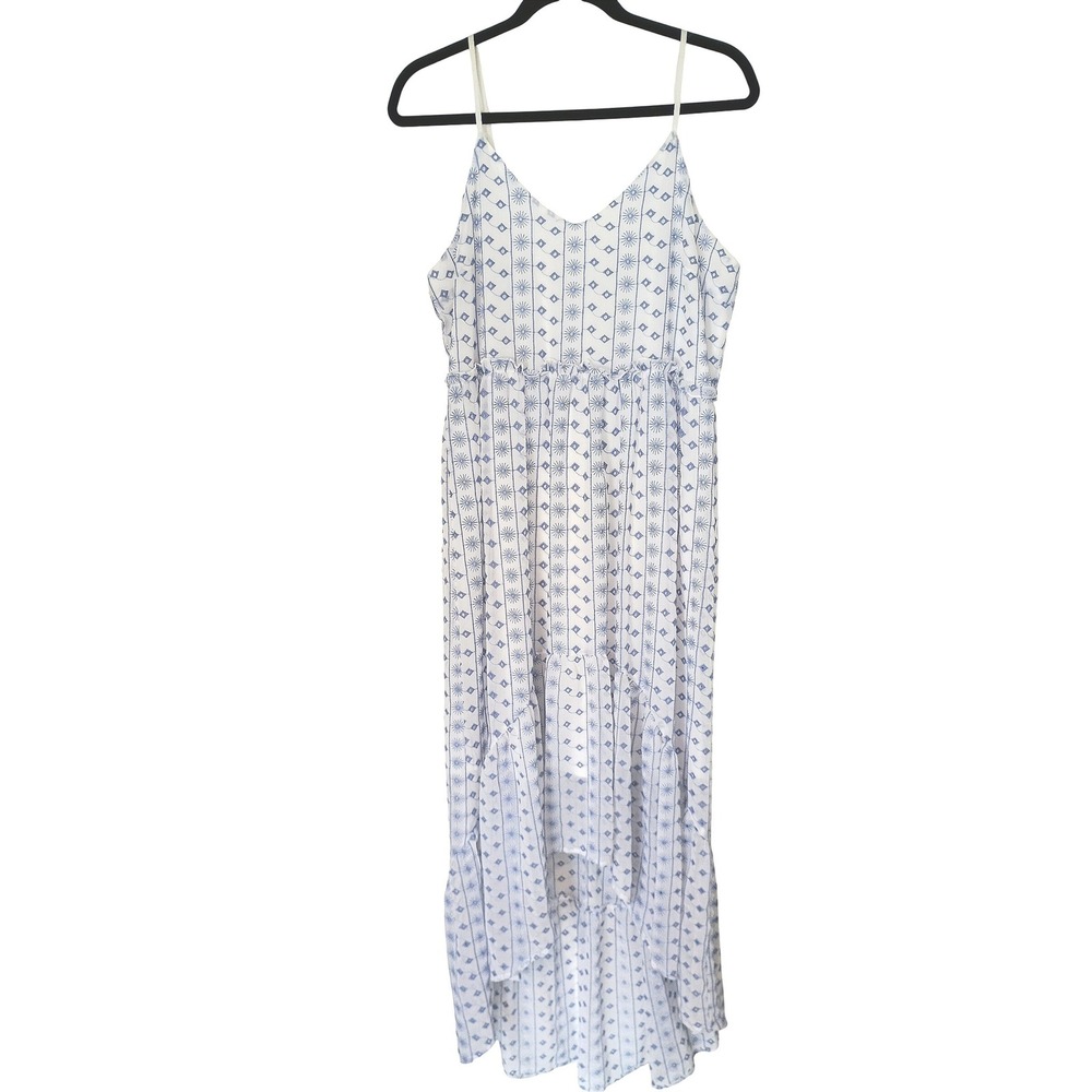 Miami Women Blue White Eyelet High Low Tiered Midi Dress Large Boho V-Neck L